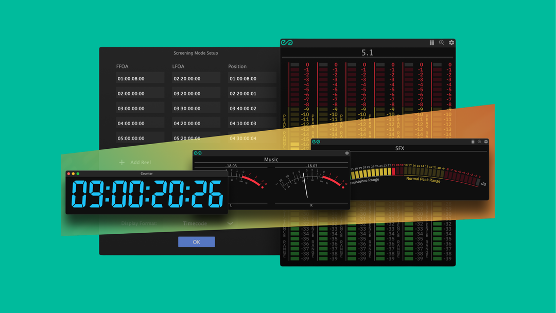 Several windows of audio metering plugins open against a green background.